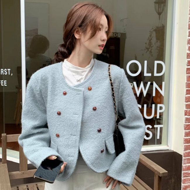 Hot selling double-breasted short jacket (S-XL size) (light blue) (contact customer service after placing the order to confirm the delivery size)