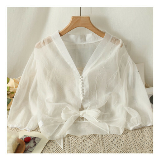 Puff Sleeve Shirt Sunscreen Chiffon Top (White) (One Size)