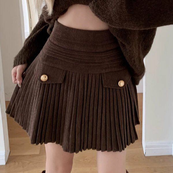 Hot Selling Pleated A-Line Skirt (S-XL) (Coffee Color) (Contact customer service after placing order to confirm delivery size)