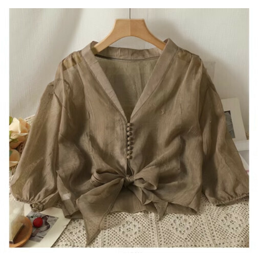 Puff Sleeve Shirt Sunscreen Chiffon Top (Coffee Color) (One Size)