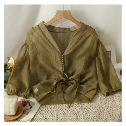 Puff Sleeve Shirt Sunscreen Chiffon Top (Green) (One Size)