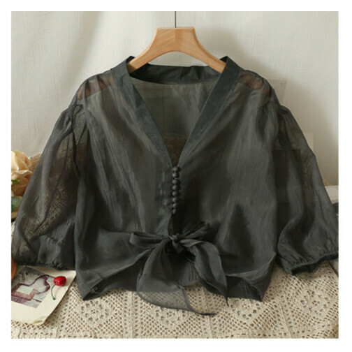Puff Sleeve Shirt Sunscreen Chiffon Top (Dark Grey) (One Size)