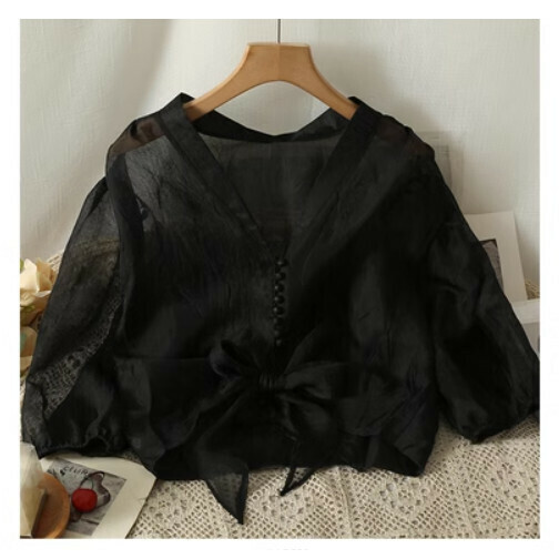 Puff Sleeve Shirt Sunscreen Chiffon Top (Black) (One Size)