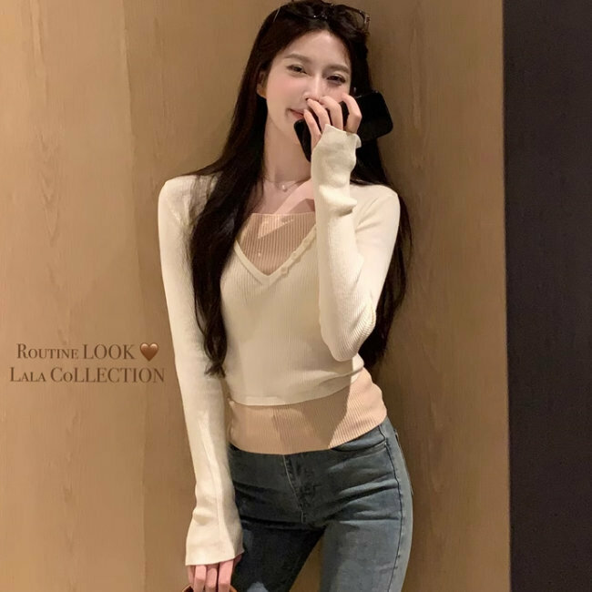 Hot selling contrasting color fake two-piece sweater (one size fits all) (apricot white)