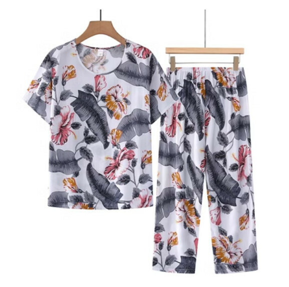 Summer middle-aged and elderly cotton and linen set (ink plantain) [size: XL-4XL] [Contact customer service to confirm the shipping size after placing an order]
