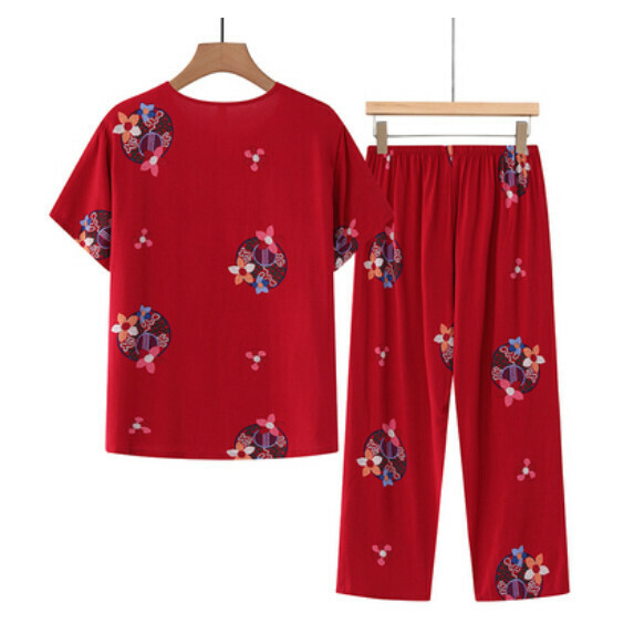 Summer middle-aged and elderly cotton and linen set (red florets) [size: XL-4XL] [Contact customer service to confirm the shipping size after placing an order]