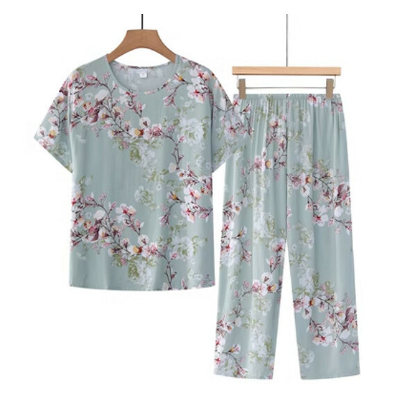 Summer middle-aged and elderly cotton and linen set (light green plum blossom) [Size: XL-4XL] [Contact customer service to confirm the delivery size after placing an order]