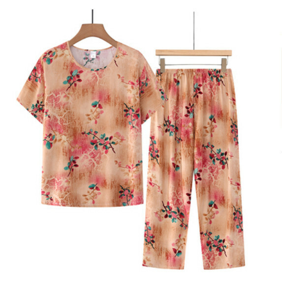 Summer middle-aged and elderly cotton and linen set (goose yellow floret) [size: XL-4XL] [Contact customer service to confirm the shipping size after placing an order]