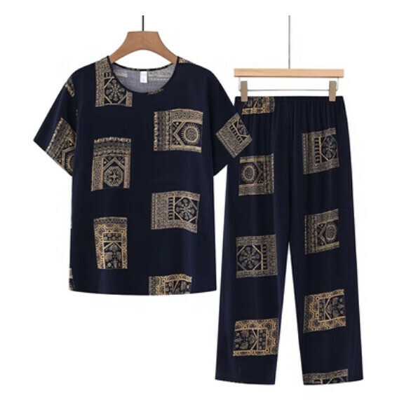 Summer middle-aged and elderly cotton and linen suit (black pattern) [Size: XL-4XL] [Contact customer service to confirm the shipping size after placing an order]