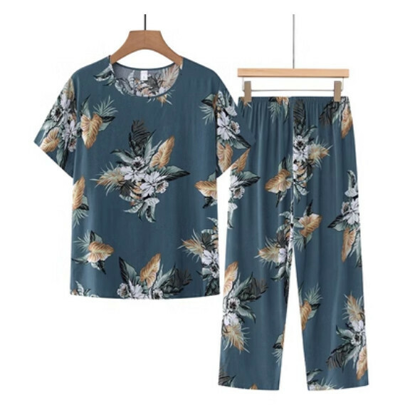 Summer middle-aged and elderly cotton and linen set (dark green flowers) [Size: XL-4XL] [Contact customer service to confirm the delivery size after placing an order]