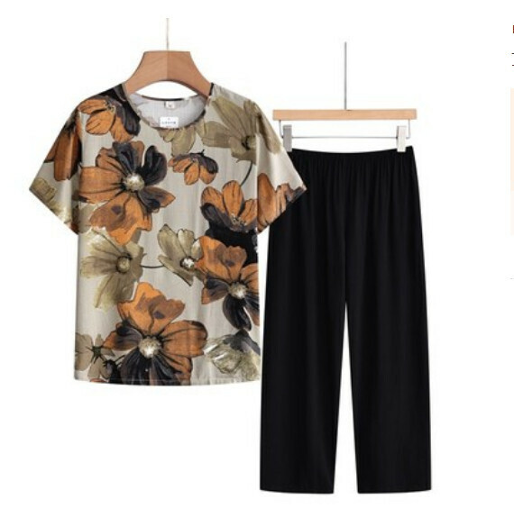 Summer Middle-aged and Elderly Foreign Atmosphere Age Reduction Set (Turmeric Lotus Leaf) [Size: XL-4XL] [Contact Customer Service to Confirm Shipping Size After Placing an Order]