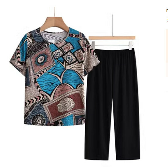 Summer Middle-aged and Elderly Foreign Style Age Reduction Set (Graffiti Blue) [Size: XL-4XL] [Contact Customer Service to Confirm Shipping Size after placing an order]