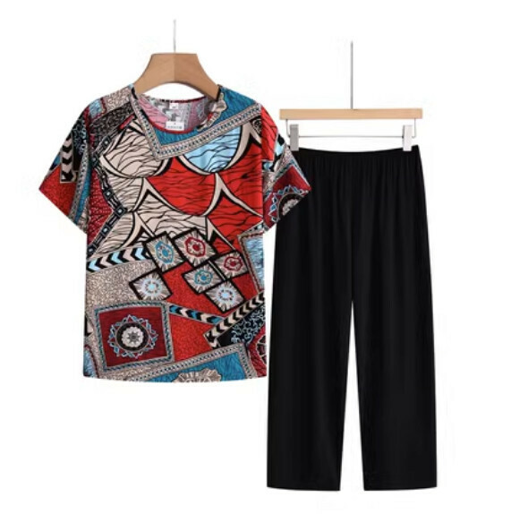 Summer Middle-aged and Elderly Foreign Atmosphere Age Reduction Set (Graffiti Red) [Size: XL-4XL] [Contact Customer Service to Confirm Shipping Size after Placing an Order]