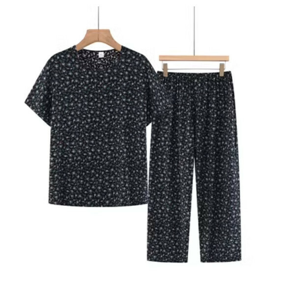 Summer middle-aged and elderly cotton and linen set (dark green flowers) [Size: XL-3XL] [Contact customer service to confirm the shipping size after placing an order]