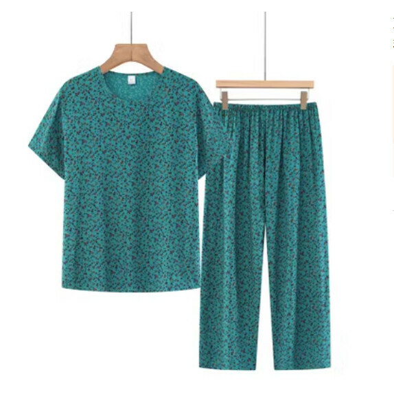 Summer middle-aged and elderly cotton and linen set (blue floral) [Size: XL-3XL] [Contact customer service to confirm the shipping size after placing an order]
