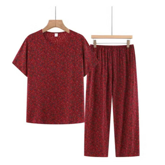 Summer middle-aged and elderly cotton and linen suit (red floral) [size: XL-3XL] [Contact customer service to confirm the shipping size after placing an order]