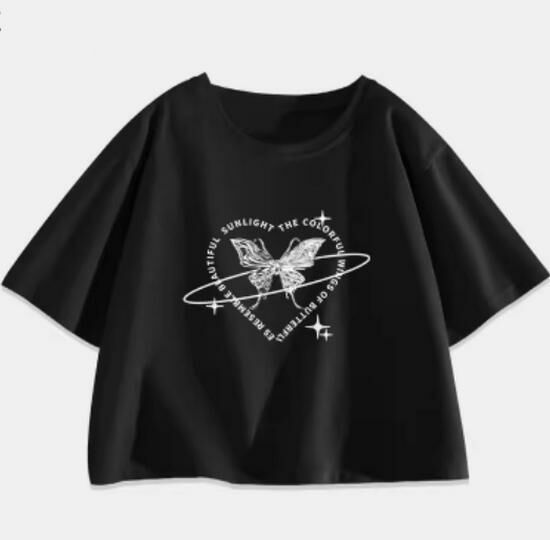 Hot selling loose short-sleeved T-shirt [Black (Metal Butterfly)] [S-2XL size] (please contact customer service to confirm the delivery size after placing the order)