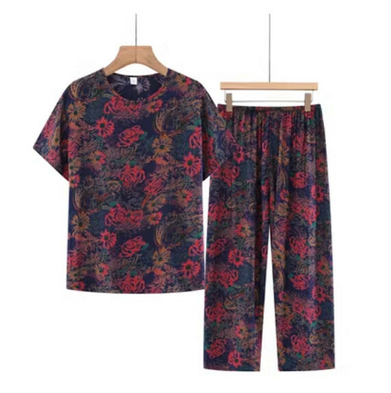 Summer middle-aged and elderly cotton and linen set (blue rose) [size: XL-3XL] [Contact customer service to confirm the shipping size after placing an order]