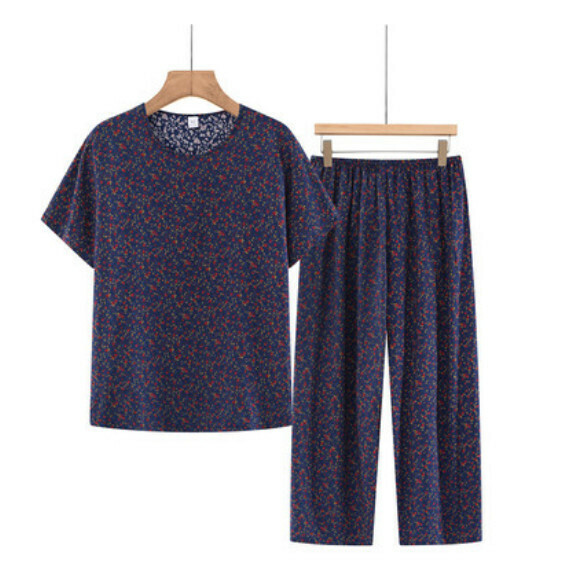 Summer middle-aged and elderly cotton and linen set (dark purple flowers) [Size: XL-3XL] [Contact customer service to confirm the delivery size after placing an order]