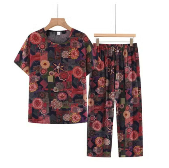 Summer middle-aged and elderly cotton and linen set (red flowers) [size: XL-3XL] [Contact customer service to confirm the delivery size after placing an order]