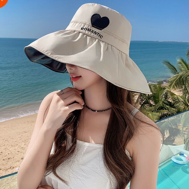 Hot selling vinyl sun protection love fisherman hat [E-433 beige love letters vinyl fisherman hat] [adjustable]