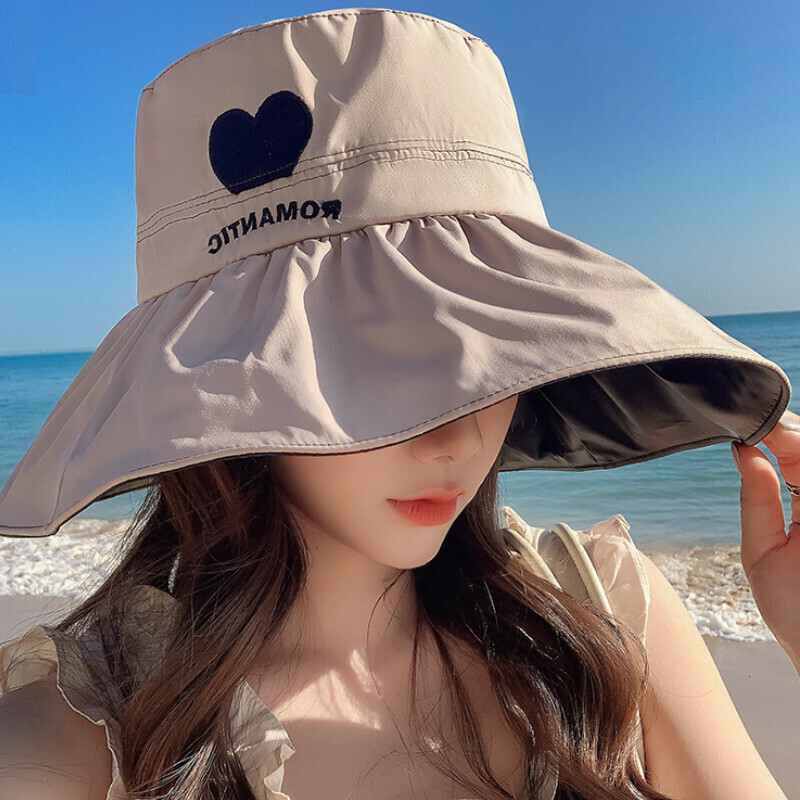Hot selling vinyl sun protection love fisherman hat [E-433 khaki love letters vinyl fisherman hat] [adjustable]