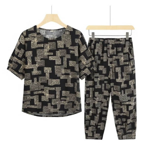 Summer two-piece set for middle-aged and elderly people (black gold checkered) [Size: XL-3XL] [Contact customer service to confirm the shipping size after placing an order]