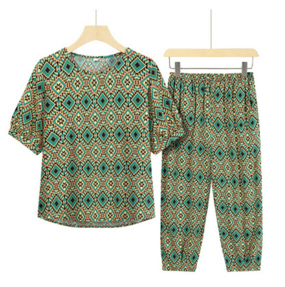 Summer two-piece set for middle-aged and elderly people (emerald checkered) [Size: XL-3XL] [Contact customer service to confirm the shipping size after placing an order]