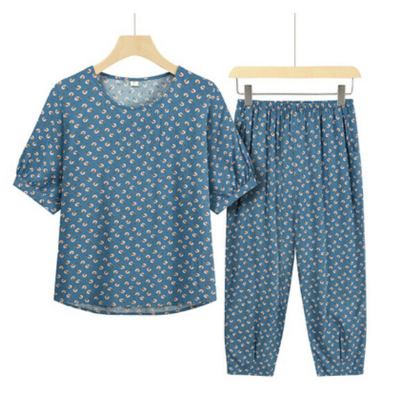 Summer two-piece set for middle-aged and elderly people (lake blue jacquard) [Size: XL-3XL] [Contact customer service to confirm the shipping size after placing an order]