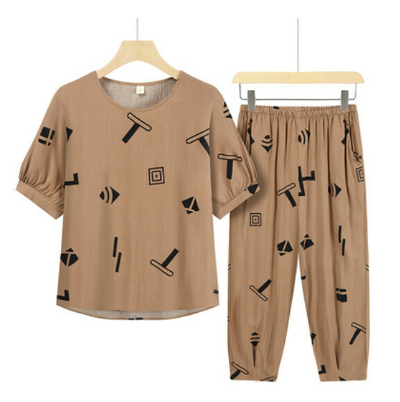Summer two-piece set for middle-aged and elderly people (coffee T checker) [Size: XL-3XL] [Contact customer service to confirm the shipping size after placing an order]