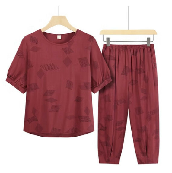 Summer two-piece set for middle-aged and elderly people (red bottom diamond grid) [Size: XL-3XL] [Contact customer service to confirm the shipping size after placing an order]