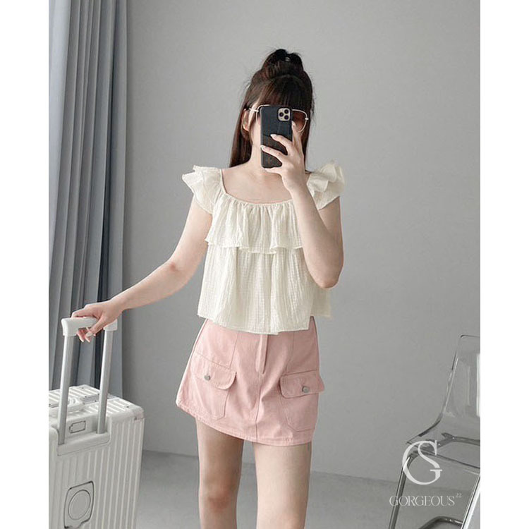 G2882 現貨 「荷葉袖方格蛋糕層上衣」