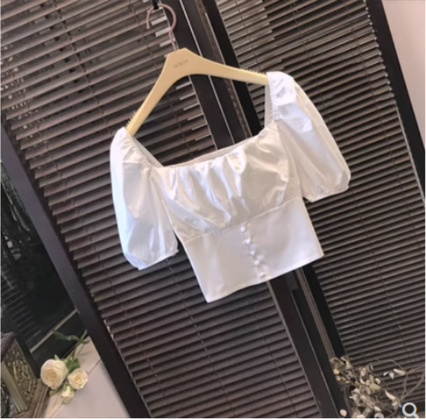 Square Neck High Waist T-Shirt Short Sleeve Bubble Sleeve Top Cropped Tight (White) (One Size)