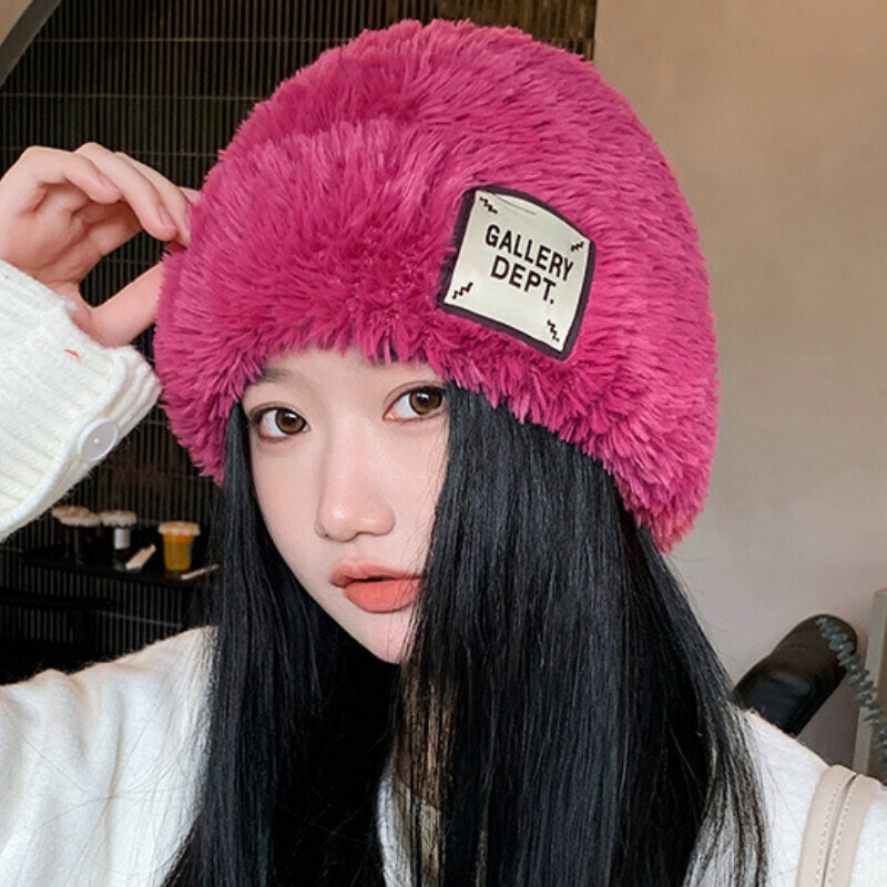 熱賣加厚毛絨帽【A-438玫紅色布標套頭帽】【帽圍：55-60CM】