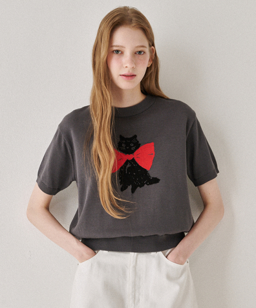 RONRON RIBBON CATS SHORT SLEEVE KNIT