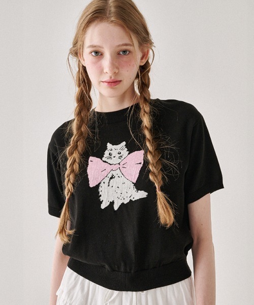 RONRON RIBBON CATS SHORT SLEEVE KNIT