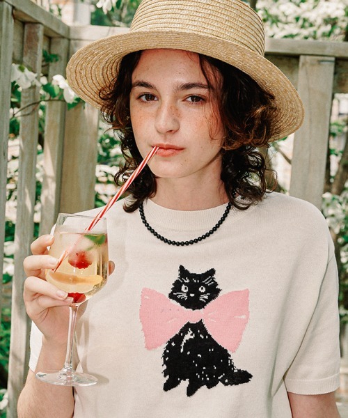 RONRON RIBBON CATS SHORT SLEEVE KNIT