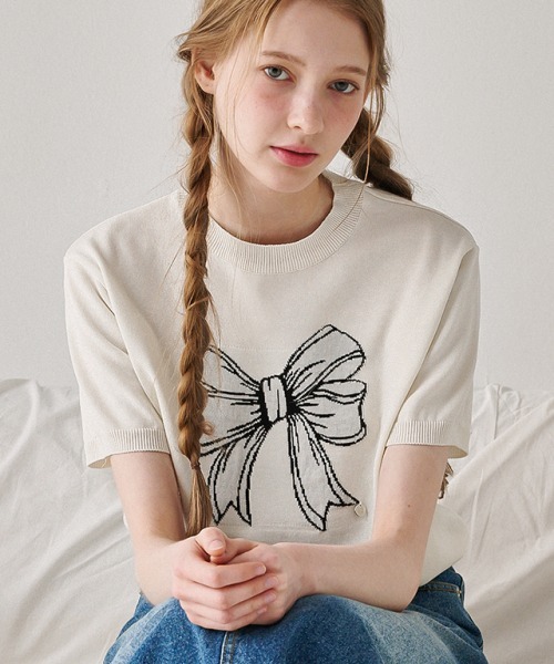 RONRON LINE RIBBON SHORT SLEEVE KNIT