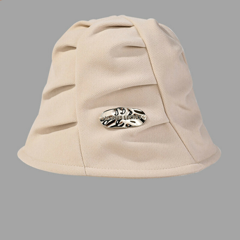 熱賣純色褶皺金屬標水桶帽【E-550米色金屬標水桶帽】【L帽圍（56-60CM）】