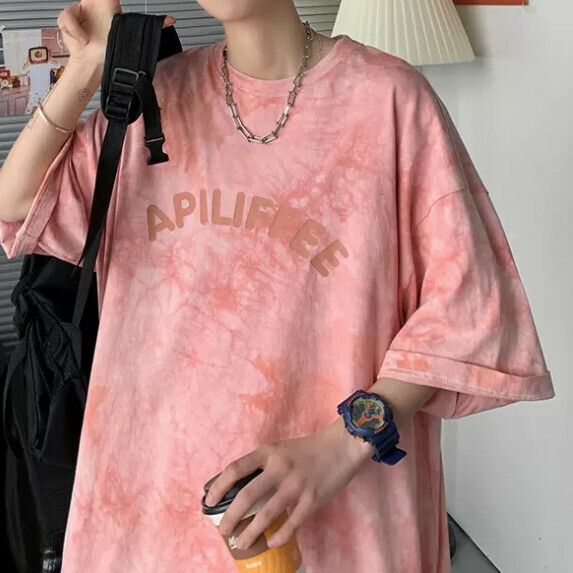 Tie-dye short sleeve T-shirt men's summer (pink [size M_2XL] (contact customer service to confirm the shipping size after placing an order)