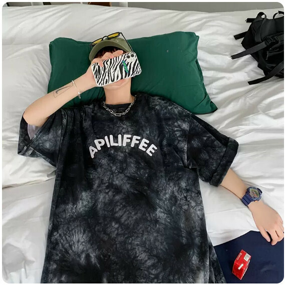 Tie-dye short-sleeved T-shirt men's summer (black [size M_2XL] (contact customer service to confirm the shipping size after placing an order)