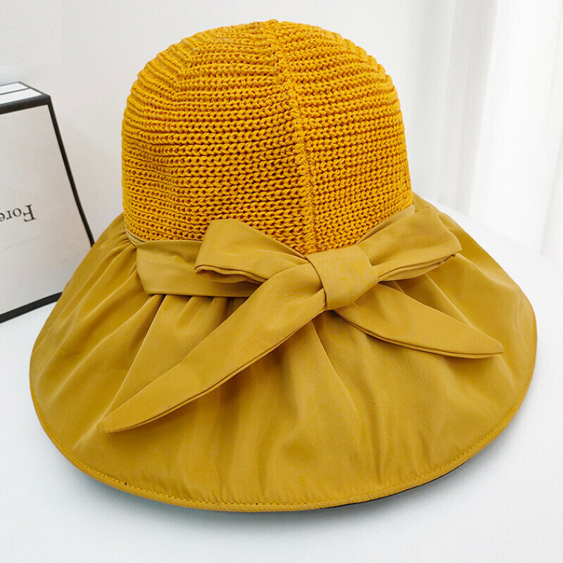 Hot selling bow hollow fisherman hat [E-243 yellow bow hollow fisherman hat] [average girth: 56-58cm brim: 12cm]