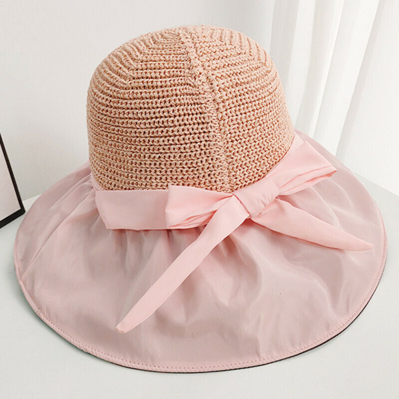 Hot selling bow hollow fisherman hat [E-243 pink bow hollow fisherman hat] [average girth: 56-58cm brim: 12cm]
