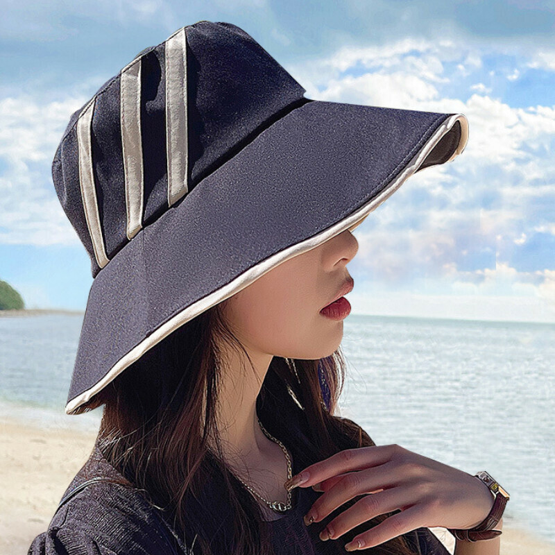 Hot selling wide brim bucket hat [E-340 black three-bar bucket hat] [adjustable]