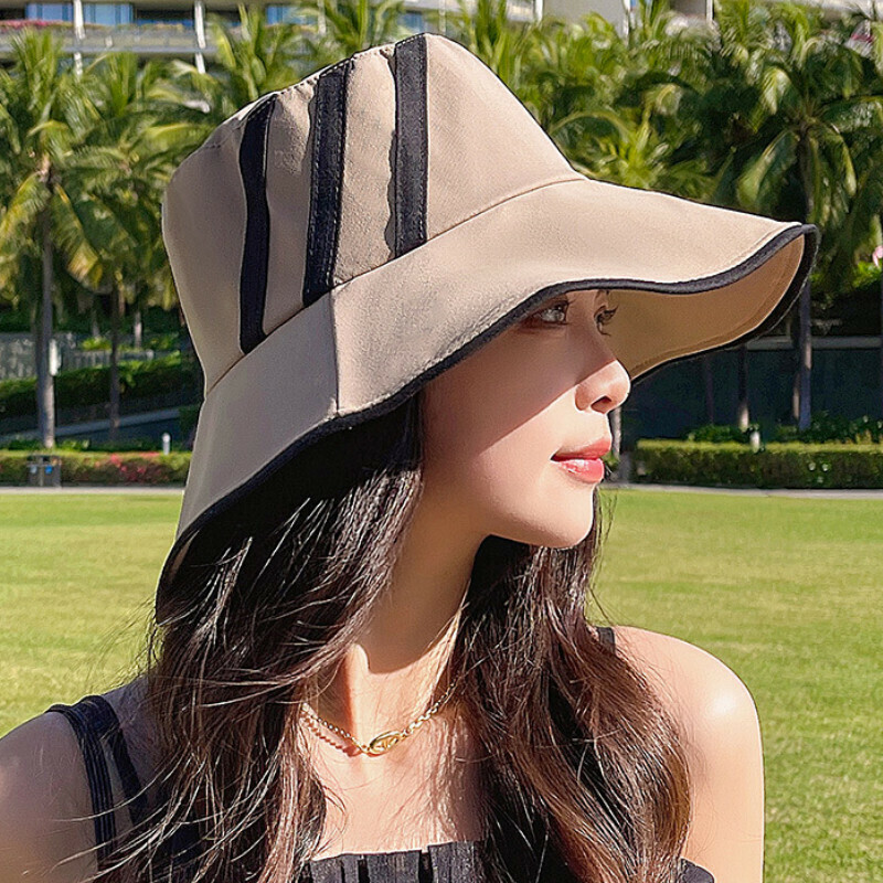 Hot selling wide brim bucket hat [E-340 khaki three-bar bucket hat] [adjustable]