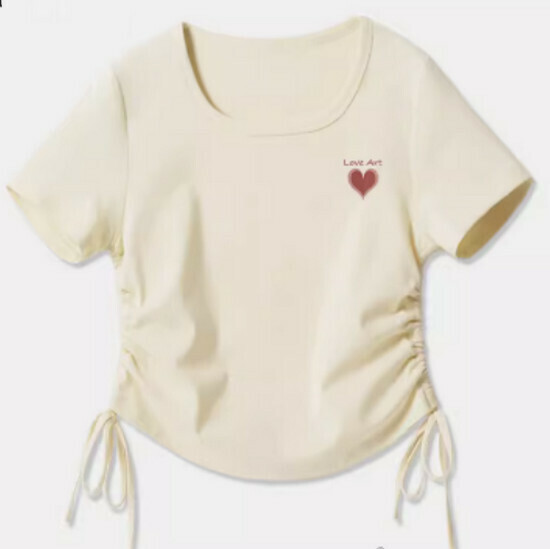 Hot selling drawstring design short-sleeved T-shirt [Milk White (Aiyi Heart Chest Logo)] [S-2XL Size] (please contact customer service to confirm the delivery size after placing the order)