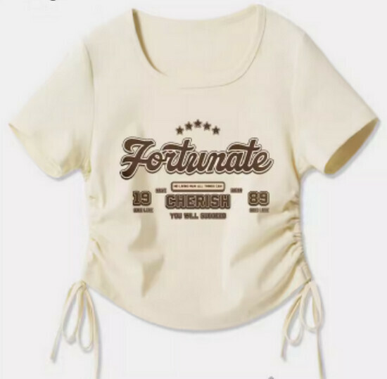 Hot selling drawstring design short-sleeved T-shirt [Milk White (Lucky Star)] [S-2XL Size] (please contact customer service to confirm the delivery size after placing the order)