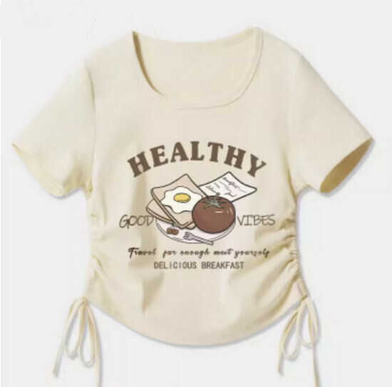Hot selling drawstring design short-sleeved T-shirt [Milk White (Fat Reduction Meal)] [S-2XL Size] (please contact customer service to confirm the delivery size after placing the order)