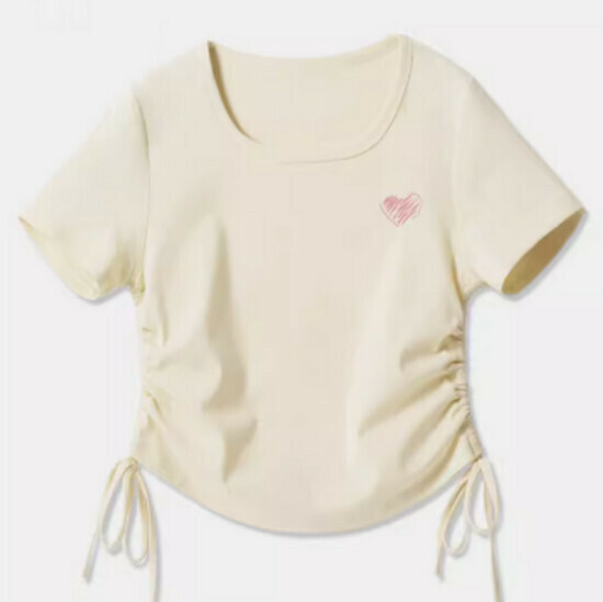 Hot selling drawstring design short-sleeved T-shirt [Milk white (only heart and chest logo)] [S-2XL size] (please contact customer service to confirm the delivery size after placing the order)