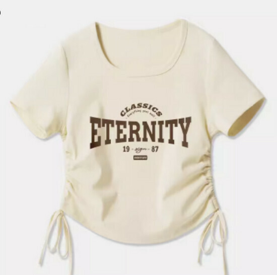 Hot selling drawstring design short-sleeved T-shirt [Milk White (Eternal Love Chest Logo)] [S-2XL Size] (please contact customer service to confirm the delivery size after placing the order)